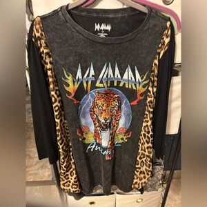 Handcrafted up cycled Def Leppard Band Graphic Tee tunic with Leopard Print